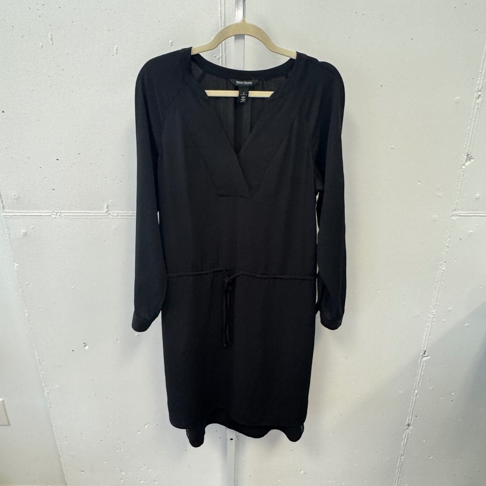 White House Black Market Black V-Neck Drawstring Waist Long Sleeve Dress Size 8